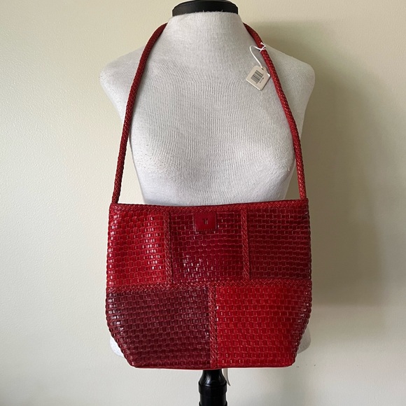 Vintage Footed Red Leather Woven Bag w/Leather Rope Cord Detail Made in Brazil - Picture 2 of 14
